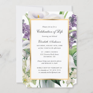 Elegant Gold White Lily Photo Celebration of Life Invitation