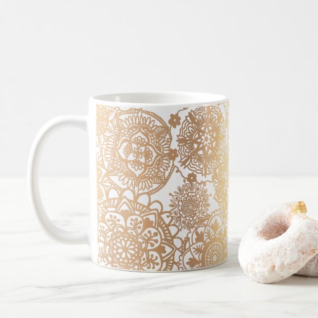 Elegant Gold White Mandala Pattern Coffee Mug (With Donut)