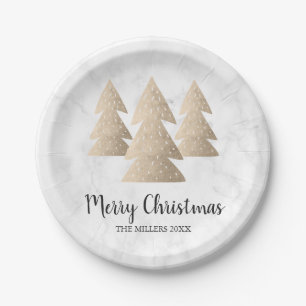 Elegant gold & white marble Merry Christmas tree Paper Plate