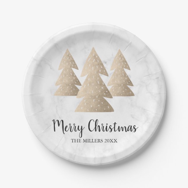 Elegant gold & white marble Merry Christmas tree Paper Plate (Front)