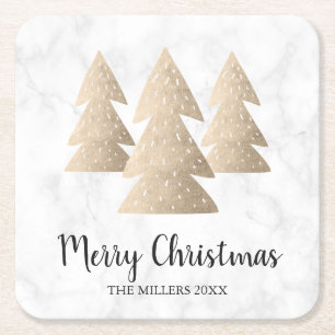 Elegant gold & white marble Merry Christmas tree Square Paper Coaster