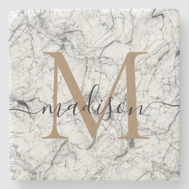 Elegant Gold White Marble Monogram Feminine Script Stone Coaster (Front)