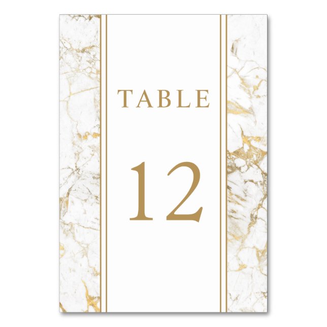 Elegant Gold & White Marble Wedding Table Number (Front)