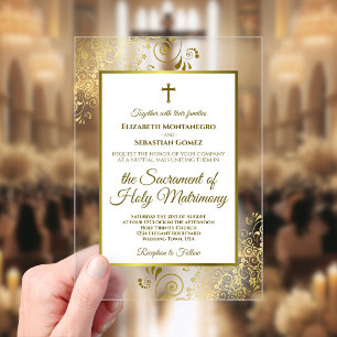 Elegant Gold & White Ornate Curls Catholic Wedding Acrylic Invitations