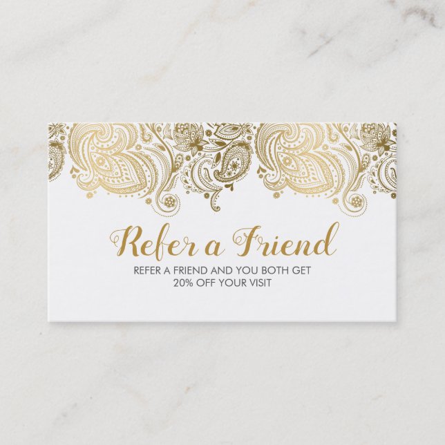 Elegant Gold & White Paisley Lace Referral Card (Front)