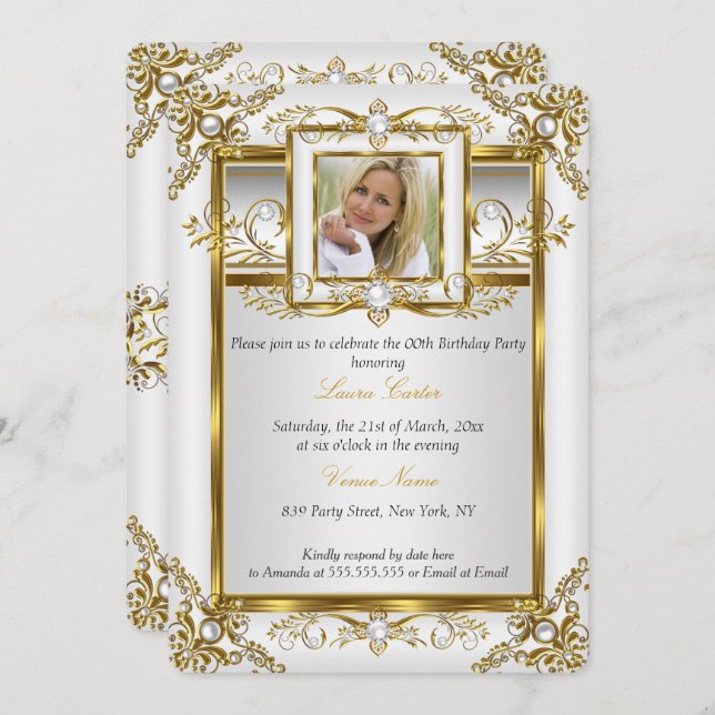 Elegant Gold White Pearl Damask Photo Birthday 4a Invitation (Front/Back)