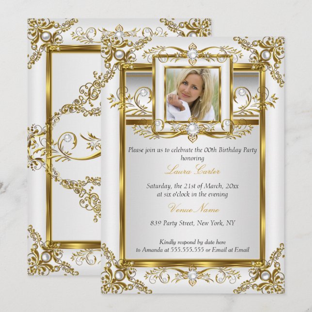 Elegant Gold White Pearl Damask Photo Birthday 4a Invitation (Front/Back)