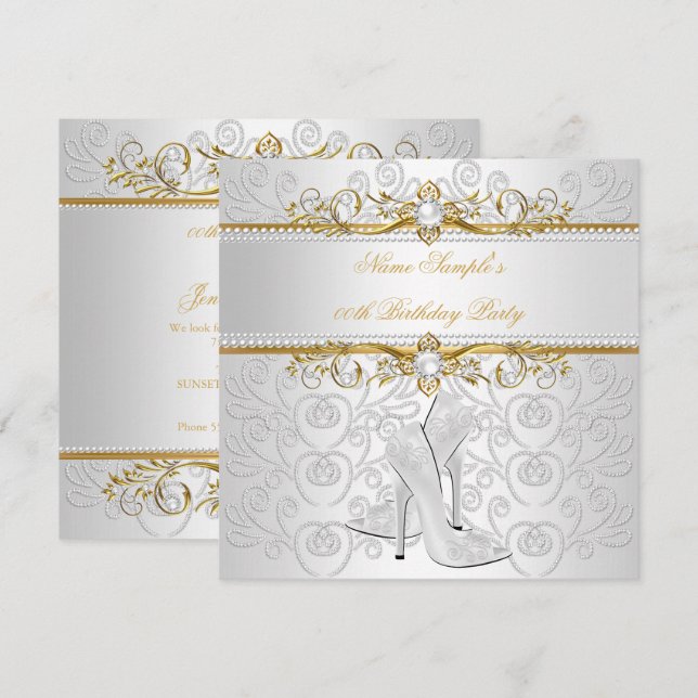 Elegant Gold White Pearl Diamond High Heel Party 2 Invitation (Front/Back)