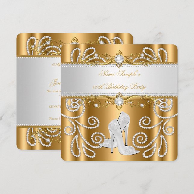 Elegant Gold White Pearl Diamond High Heel Party 3 Invitation (Front/Back)