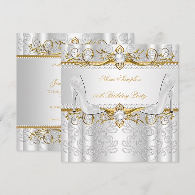 Elegant Gold White Pearl Diamond High Heels Party Invitation (Front/Back)