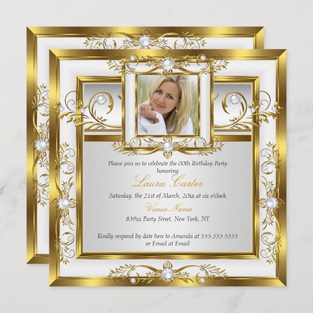 Elegant Gold White Pearl Photo Birthday Party 2 Invitation (Front/Back)