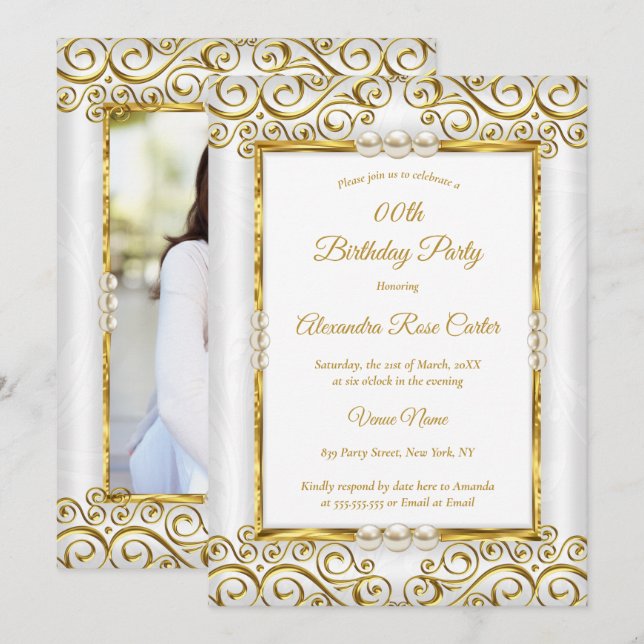 Elegant Gold White Pearl Photo Birthday Party Invitation (Front/Back)