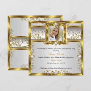 Elegant Gold White Pearl Photo Birthday Party Invitation