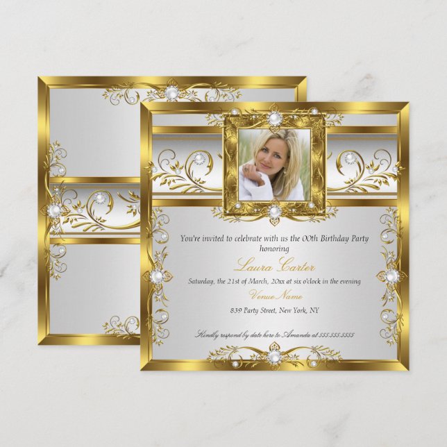 Elegant Gold White Pearl Photo Birthday Party Invitation (Front/Back)