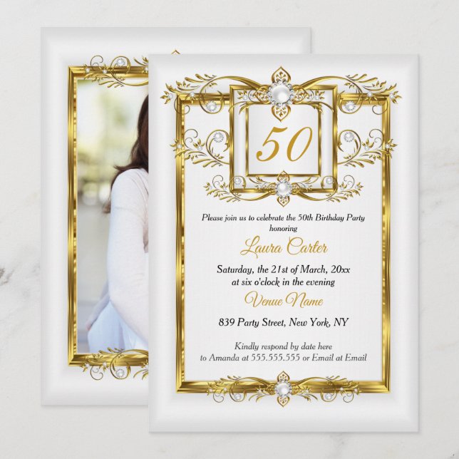 Elegant Gold White Pearl Photo Birthday party Invitation (Front/Back)