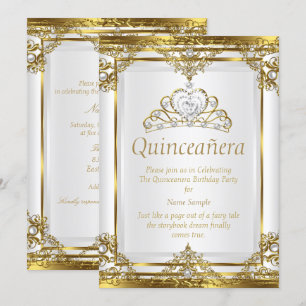 Elegant Gold White Pearl Princess Quinceanera Invitation