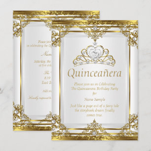 Elegant Gold White Pearl Princess Quinceanera Invitation