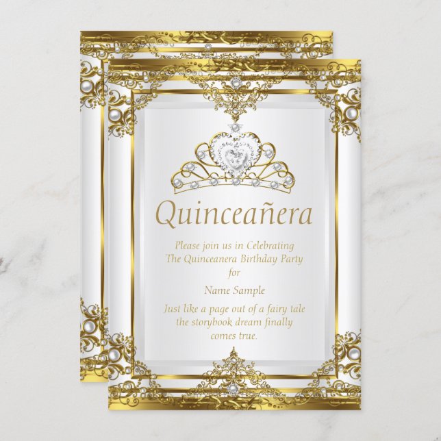 Elegant Gold White Pearl Princess Quinceanera Invitation (Front/Back)