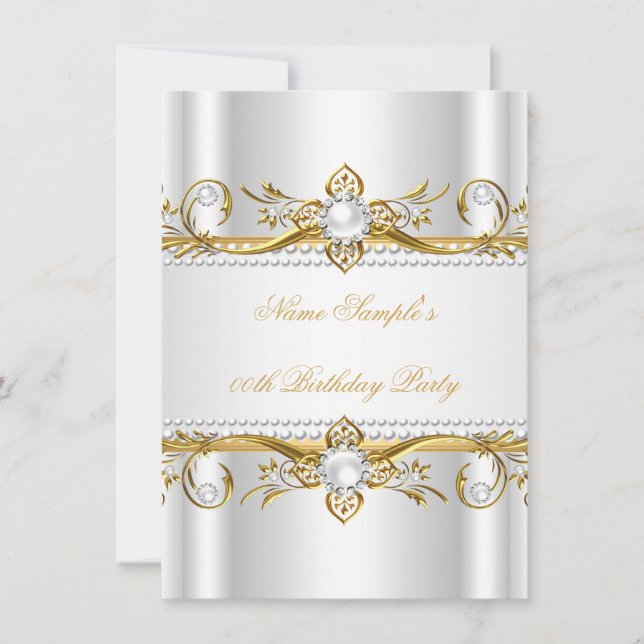 Elegant Gold White Pearl Silk Birthday Party Invitation (Front)