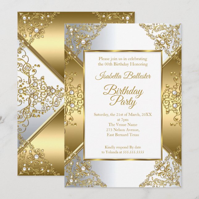 Elegant Gold White Pearl Silver Birthday Party Invitation (Front/Back)