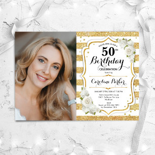Elegant Gold White Photo 50th Birthday Invitation