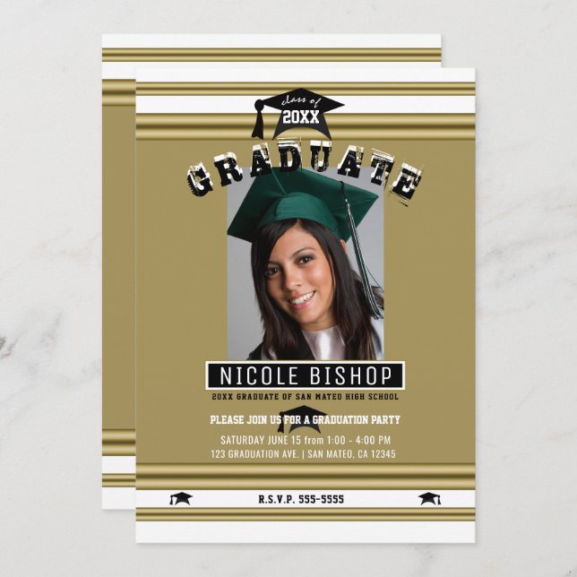Elegant Gold & White Photo Graduation Party  Invitation (Front/Back)