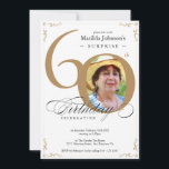 Elegant Gold White Photo Surprise 60th Birthday  Invitation<br><div class="desc">Elegant Gold White Photo Surprise 60th Birthday Invitation. And elegantly designed special birthday celebration invitation,  featuring a custom photo of birthday person and script calligraphy with vintage flourish elements. Simple enough to fit a variety of themes and colours!
Need help? Simply contact me!</div>