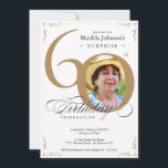 Elegant Gold White Photo Surprise 60th Birthday  Invitation<br><div class="desc">Elegant Gold White Photo Surprise 60th Birthday Invitation. And elegantly designed special birthday celebration invitation,  featuring a custom photo of birthday person and script calligraphy with vintage flourish elements. Simple enough to fit a variety of themes and colours!
Need help? Simply contact me!</div>