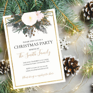 Elegant Gold White Pine Christmas Party Invitation