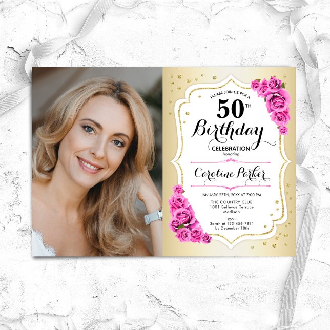 Elegant Gold White Pink Roses Photo 50th Birthday Invitation (Creator Uploaded)