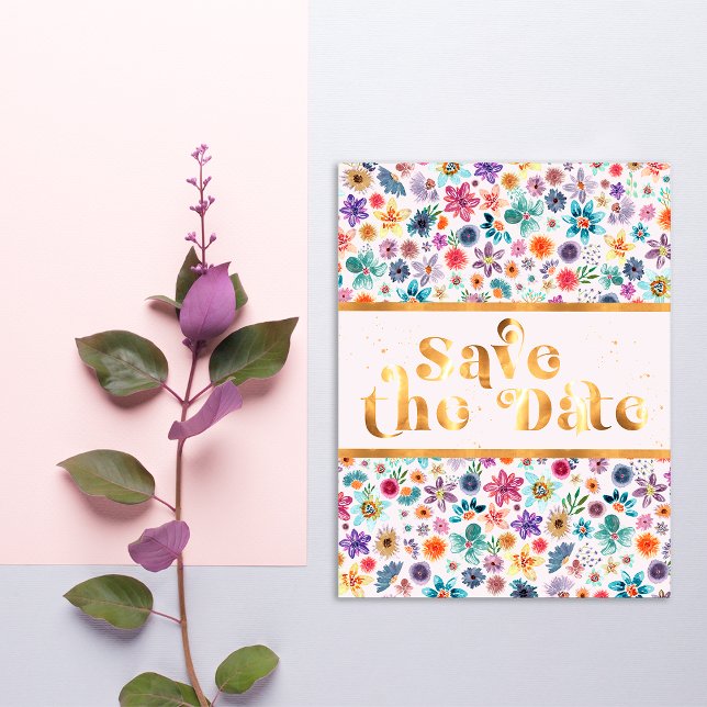 Elegant Gold White Pink Wildflower Save the Date Postcard (Front)