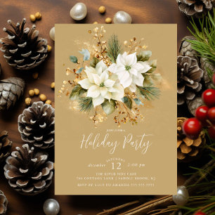 Elegant Gold White Poinsettia Holiday Party Invite