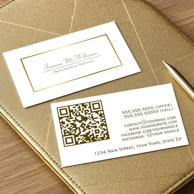 Elegant Gold & White Professional QR Code Business Card (Front/Back)