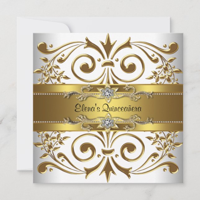 Elegant Gold White Quinceanera Invitation (Front)