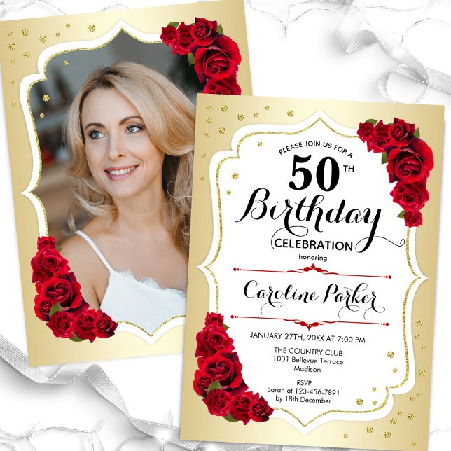 Elegant Gold White Red Photo 50th Birthday Invitation (Creator Uploaded)