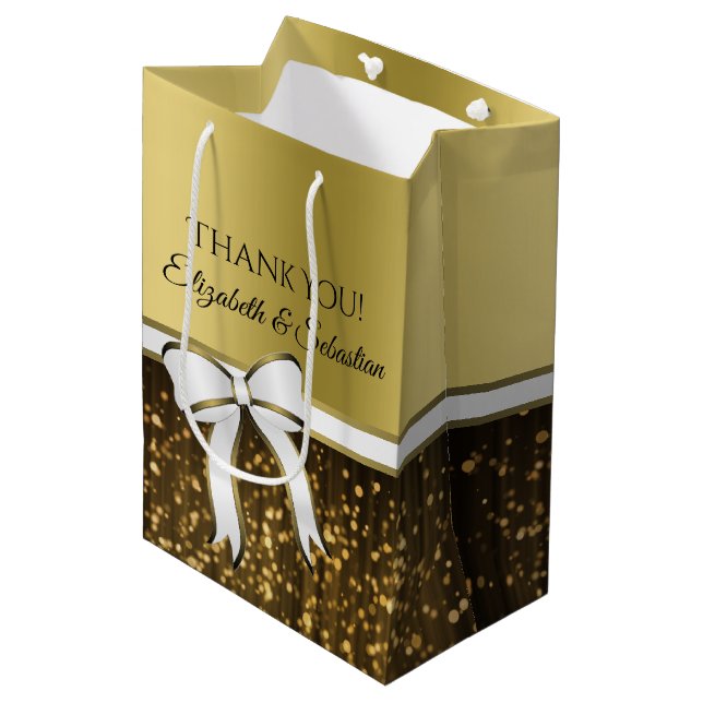 Elegant Gold White Ribbon Wedding Thank You Medium Gift Bag (Front Angled)