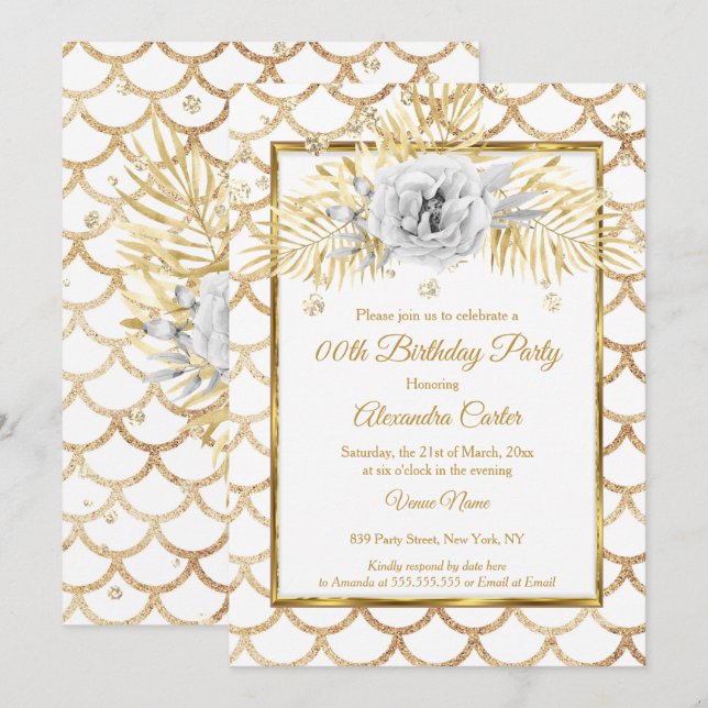 Elegant Gold white Rose Floral Birthday Party Invitation (Front/Back)