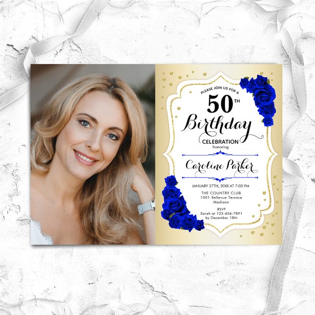 Elegant Gold White Royal Blue Photo 50th Birthday Invitation (Creator Uploaded)