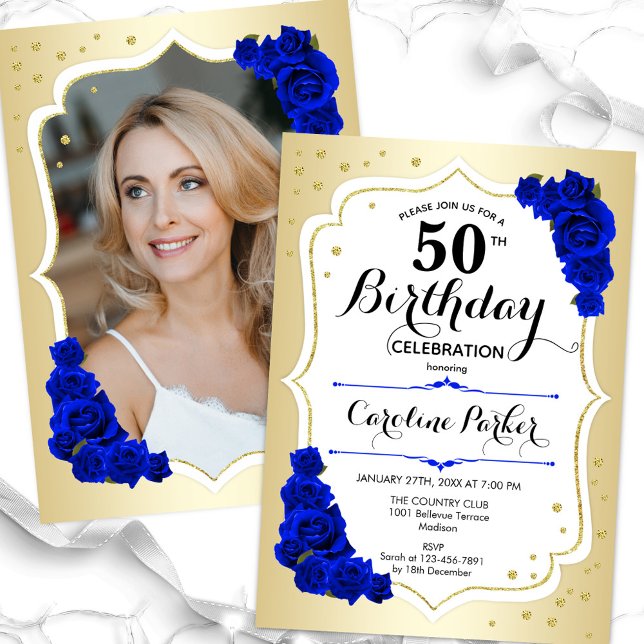 Elegant Gold White Royal Blue Photo 50th Birthday Invitation (Creator Uploaded)