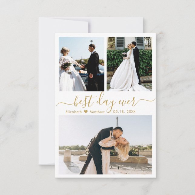 Elegant Gold White Script Photo Collage Wedding Thank You Card (Front)