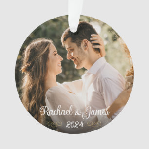 Elegant Gold White Script Wedding Monogram Photo Ornament