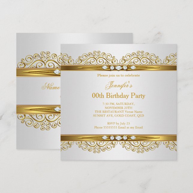Elegant Gold White Silver Diamond Birthday Invitation (Front/Back)