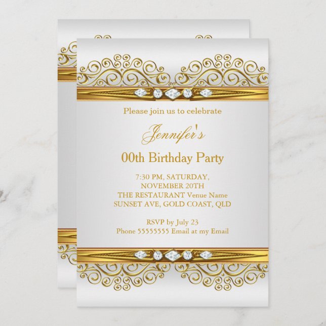Elegant Gold White Silver Diamond Birthday Party 2 Invitation (Front/Back)