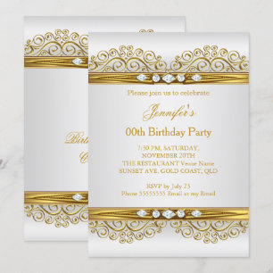 Elegant Gold White Silver Diamond Birthday Party 2 Invitation