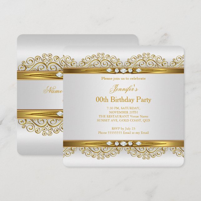 Elegant Gold White Silver Diamond Birthday Party 2 Invitation (Front/Back)