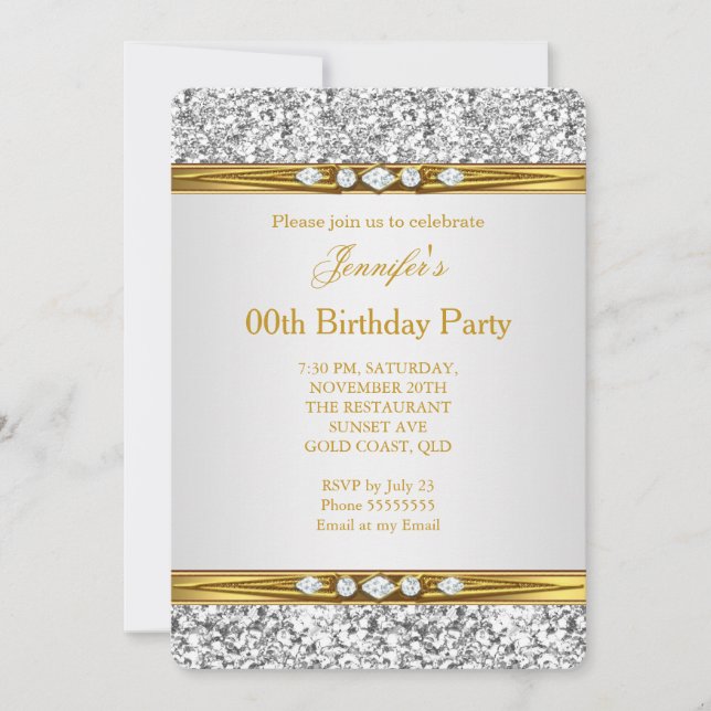Elegant Gold White Silver Glitter Diamond Birthday Invitation (Front)