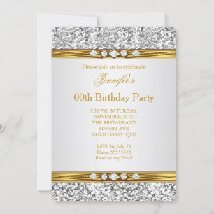 Elegant Gold White Silver Glitter Diamond Birthday Invitation