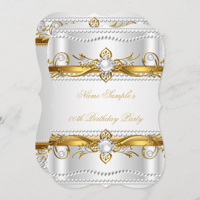 Elegant Gold White Silver Pearl Silk Birthday Invitation (Front/Back)