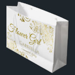 Elegant Gold & White Simple Flower Girl Wedding Large Gift Bag<br><div class="desc">This beautiful gift bag is designed as a wedding gift or favour bag for Flower Girls. Designed to coordinate with our Gold Foil Elegant Wedding Suite, it features a gold faux foil flourish border with the text "Flower Girl" as well as a place to enter her name, the couple's name,...</div>