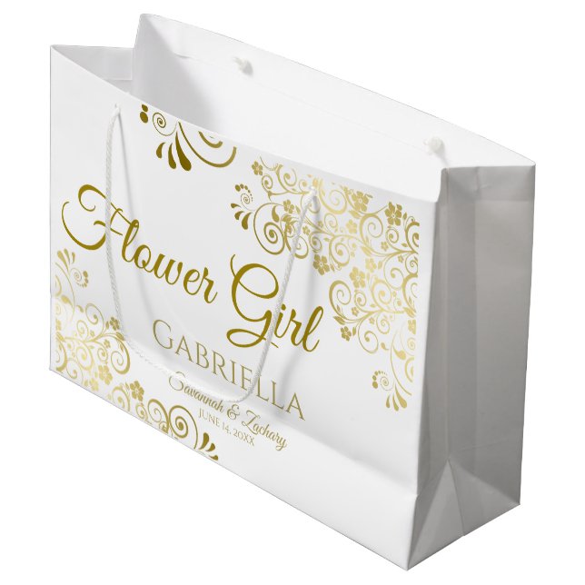 Elegant Gold & White Simple Flower Girl Wedding Large Gift Bag (Front Angled)
